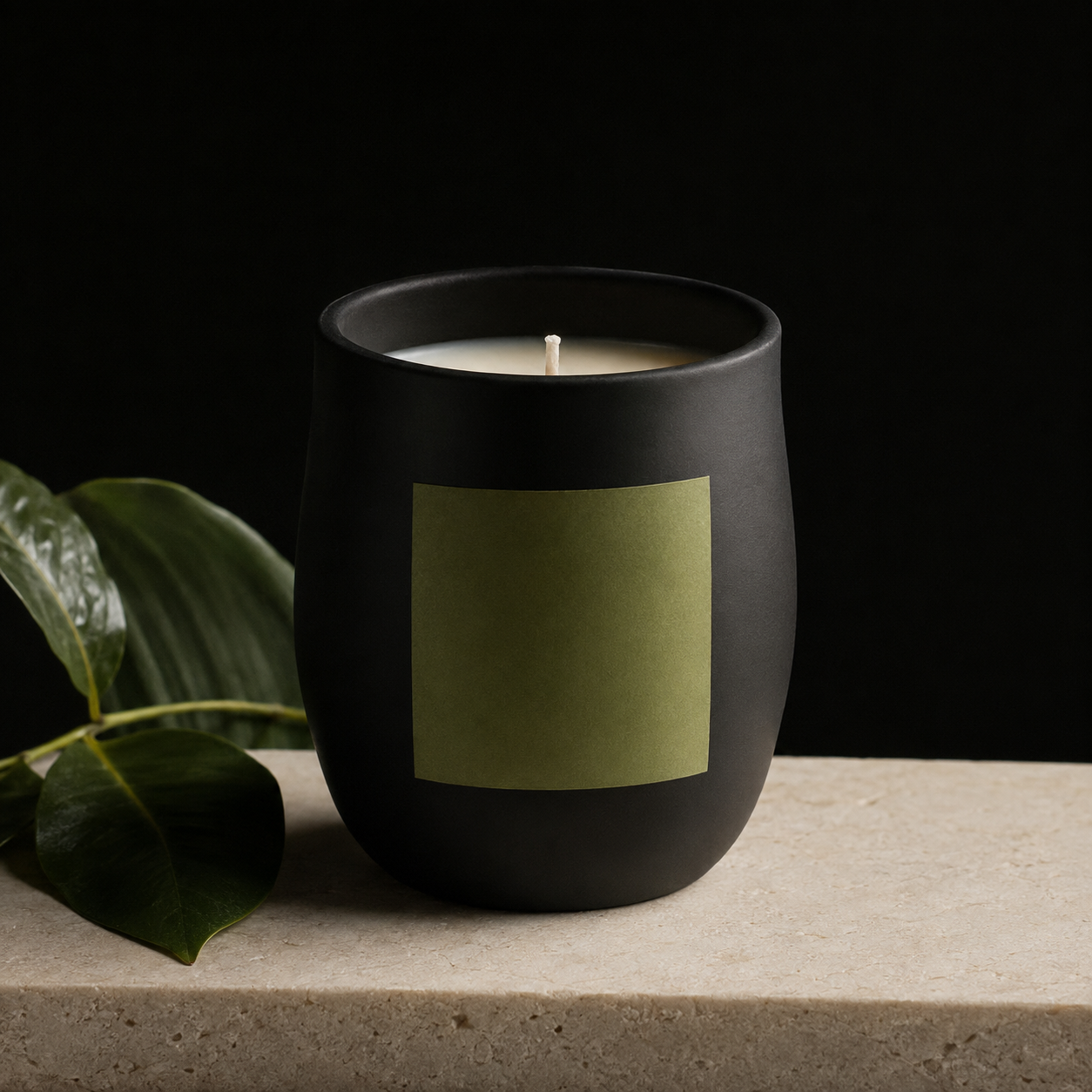 Matte black Haus candle with a bamboo-green label