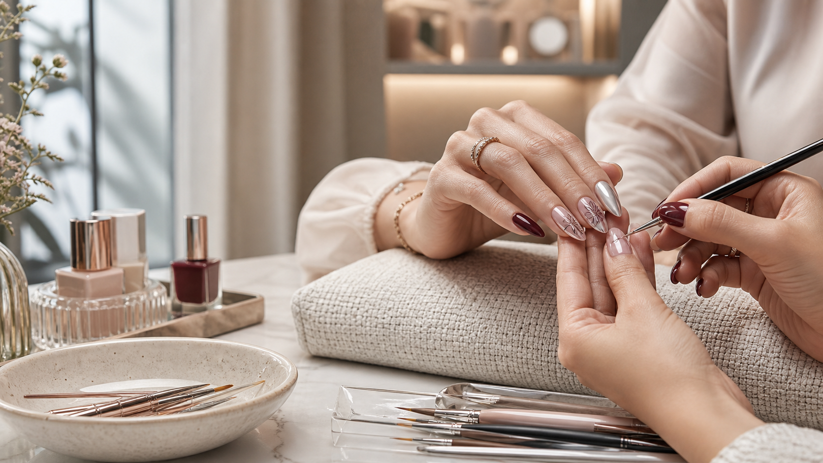 Detailed gel manicure artistry in a warm studio mood.