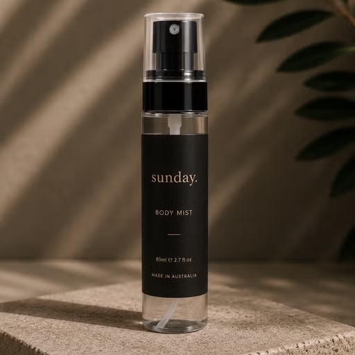 Sunday Body Mist bottle styled on warm stone