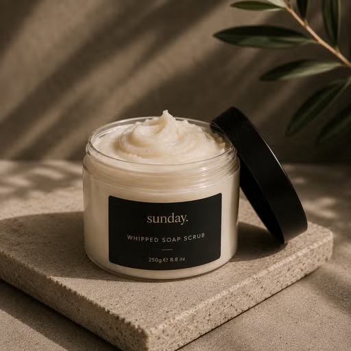 Sunday Whipped Coffee Soap Scrub jar styled on warm stone